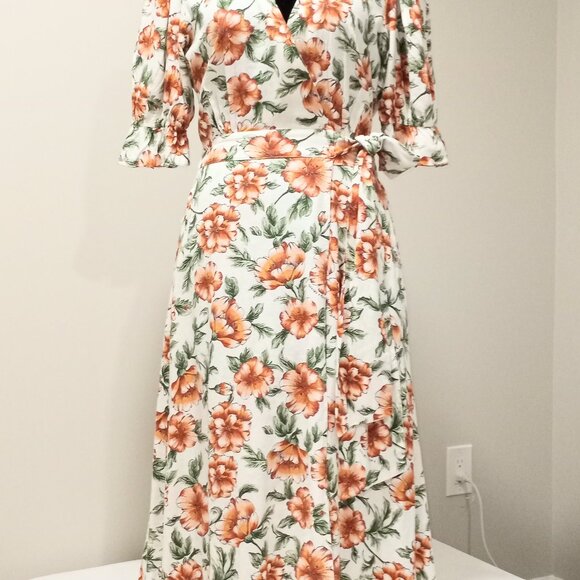 HAPPY X NATURE FLOWER PRINT WRAP DRESS WITH WIDE SASH BELT AND POCKETS SIZE M - Picture 1 of 12
